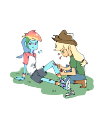 Size: 2622x3072 | Tagged: safe, artist:pipicangshuya32397, applejack, rainbow dash, human, g4, boots, clothes, cowboy boots, cowboy hat, denim, duo, duo female, female, hat, high heel boots, humanized, injured, jeans, lesbian, pants, ship:appledash, shipping, shoes