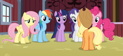 Size: 1209x556 | Tagged: safe, screencap, applejack, fluttershy, pinkie pie, rainbow dash, rarity, twilight sparkle, g4, spike at your service, applebutt, butt, plot, rear view