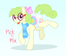 Size: 1400x1200 | Tagged: safe, artist:yipthecoyotepup, oc, oc only, oc:pick n' mix, pony, bow, bridle, clothes, diaper, diaper fetish, diapered, female, fetish, glasses, gradient background, hair bow, mare, nonbinary, red eyes, saddle, scarf, solo, tack, white diaper