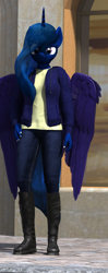 Size: 180x453 | Tagged: safe, artist:jawolfadultishart, princess luna, anthro, g4, 3d, boots, clothes, denim, high heel boots, hoodie, jacket, jeans, pants, shirt, shoes, simple background, solo, transparent background, wings