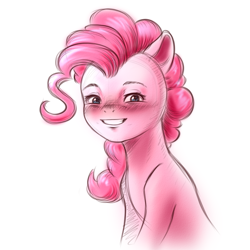 Size: 1024x1024 | Tagged: safe, artist:n0thingbutath0ught, pinkie pie, earth pony, pony, g4, grin, looking at you, simple background, smiling, solo, uncanny valley, white background