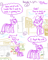 Size: 4779x6013 | Tagged: safe, artist:adorkabletwilightandfriends, twilight sparkle, alicorn, pony, comic:adorkable twilight and friends, g4, adorkable, adorkable twilight, advertisement, bag, car, comic, cute, dork, fail, female, grocery store, humming, kitchen, magic, mare, minivan, oops, paper bag, parking lot, refrigerator, relatable, shopping, shopping bag, shopping cart, sign, singing, slice of life, thinking, thought bubble, trunk, twilight sparkle (alicorn), upset, van