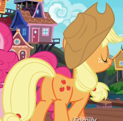 Size: 912x898 | Tagged: safe, edit, edited screencap, screencap, applejack, pinkie pie, earth pony, pony, g4, ppov, season 6, applebutt, applejack's hat, blonde, blonde hair, blonde mane, blonde tail, butt, cowboy hat, cropped, eyes closed, featureless crotch, female, freckles, hair tie, hat, mane tie, mare, offscreen character, orange body, orange coat, orange fur, orange pony, plot, rear view, solo focus, tail, tail tie, yellow hair, yellow mane, yellow tail