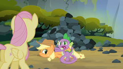 Size: 1319x742 | Tagged: safe, screencap, applejack, fluttershy, spike, dragon, pegasus, pony, g4, season 3, spike at your service, animation error, butt, butt tail, female, flutterbutt, great moments in animation, male, mare, plot, rock, wheel o feet