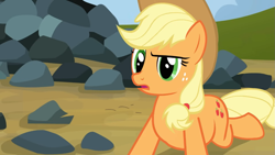 Size: 1319x742 | Tagged: safe, screencap, applejack, earth pony, pony, g4, spike at your service, lying down, prone