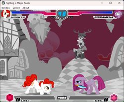 Size: 642x532 | Tagged: safe, discord, pinkie pie, fighting is magic, g4, chaos, checkered floor, clone, discorded landscape, fan game, floating island, flying, game screencap, nightmare, pinkamena diane pie, ponyville, scooter (character), stage