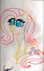 Size: 1760x2820 | Tagged: safe, artist:elidiotadelaesquina, fluttershy, pegasus, g4, facing away, marker drawing, paper, partial color, sitting, smiling, traditional art