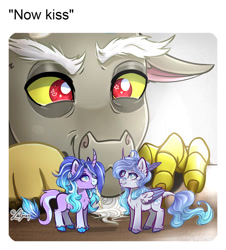 Size: 1024x1134 | Tagged: safe, artist:lailyren, discord, oc, oc:prince plushy soft, oc:stell, alicorn, draconequus, pony, unicorn, commission, cute, leonine tail, now kiss, shipper on deck, tail, tiny, toy, wings, ych result