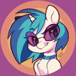 Size: 2039x2039 | Tagged: safe, artist:dodsie, dj pon-3, vinyl scratch, pony, unicorn, g4, abstract background, bust, chest fluff, choker, colored eyebrows, eye clipping through hair, eyebrows, eyebrows visible through hair, eyelashes, female, glasses, high res, horn, mare, passepartout, portrait, signature, smiling, solo, vinyl's glasses