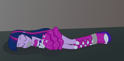 Size: 3000x1471 | Tagged: safe, artist:nie-martw-sie-o-mnie, twilight sparkle, human, equestria girls, g4, arm behind back, bondage, boots, bound and gagged, clothes, dress, equestria girls-ified, eyes closed, gag, high heel boots, lying down, shoes, tape, tape bondage, tape gag