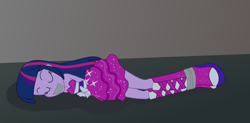 Size: 3000x1471 | Tagged: safe, artist:nie-martw-sie-o-mnie, twilight sparkle, human, equestria girls, g4, arm behind back, bondage, boots, boots bondage, bound and gagged, clothes, dress, equestria girls-ified, eyes closed, gag, high heel boots, lying down, shoes, solo, tape, tape bondage, tape gag