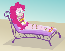 Size: 2000x1584 | Tagged: safe, artist:nie-martw-sie-o-mnie, pinkie pie, human, equestria girls, g4, beach, beach chair, bondage, bound and gagged, chair, cloth gag, clothes, female, gag, one-piece swimsuit, pinkie pie's beach shorts swimsuit, rope, rope bondage, sandals, solo, swimsuit