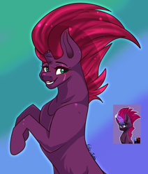 Size: 1570x1849 | Tagged: safe, artist:krissstudios, tempest shadow, pony, g4, female, gradient background, mare, rearing, small head, solo