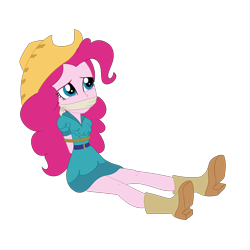 Size: 2000x2000 | Tagged: safe, artist:nie-martw-sie-o-mnie, pinkie pie, human, equestria girls, g4, bondage, boots, bound and gagged, cloth gag, clothes, cowboy boots, cowboy hat, cowgirl, cowgirl outfit, gag, hat, rope, rope bondage, shoes, simple background, sitting, skirt, solo, stetson, transparent background