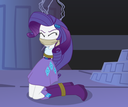 Size: 3000x2500 | Tagged: safe, artist:nie-martw-sie-o-mnie, rarity, human, equestria girls, friendship is magic, g4, belt, bondage, boots, bound and gagged, cloth gag, clothes, eyes closed, female, gag, high heel boots, kneeling, rope, rope bondage, shirt, shoes, skirt, solo