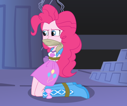 Size: 3000x2500 | Tagged: safe, artist:nie-martw-sie-o-mnie, pinkie pie, human, equestria girls, friendship is magic, g4, bondage, boots, bound and gagged, cloth gag, clothes, female, gag, high heel boots, jacket, kneeling, rope, rope bondage, shirt, shoes, skirt, solo, vest