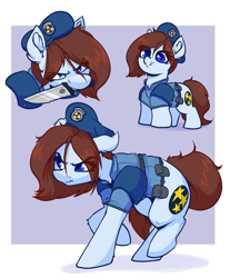 Size: 3317x4000 | Tagged: safe, artist:witchtaunter, earth pony, pony, beret, bust, clothes, cute, female, hat, high res, jill valentine, knife, mare, police, police officer, police uniform, ponified, portrait, resident evil