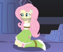 Size: 3000x2500 | Tagged: safe, artist:nie-martw-sie-o-mnie, fluttershy, human, equestria girls, friendship is magic, g4, bondage, boots, bound and gagged, butterfly hairpin, cloth gag, clothes, female, gag, hairpin, high heel boots, kneeling, rope, rope bondage, shirt, shoes, skirt, socks, solo