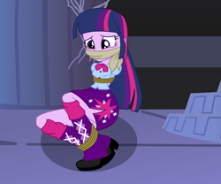 Size: 3000x2500 | Tagged: safe, artist:nie-martw-sie-o-mnie, twilight sparkle, human, equestria girls, friendship is magic, g4, bondage, boots, bound and gagged, cloth gag, clothes, female, gag, high heel boots, pleated skirt, rope, rope bondage, shirt, shoes, sitting, skirt, so
