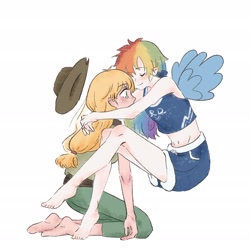 Size: 2480x2480 | Tagged: safe, artist:xiaojin315, applejack, rainbow dash, human, g4, alternate hairstyle, barefoot, belly button, blonde hair, clothes, crying, duo, duo female, eyes closed, feet, female, hug, humanized, kneeling, legs, lesbian, midriff, multicolored hair, pants, rainbow hair, ship:appledash, shipping, shorts, simple background, smiling, white background, winged humanization, wings