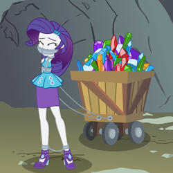 Size: 2000x2000 | Tagged: safe, artist:nie-martw-sie-o-mnie, rarity, human, a dog and pony show, equestria girls, g4, ankle cuffs, cart, clothes, cuffs, female, gag, gem, gemstones, harness, high heels, metal, minecart, rarity peplum dress, shackles, shoes, skirt, solo, tied up