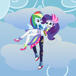 Size: 2500x2500 | Tagged: safe, artist:nie-martw-sie-o-mnie, rainbow dash, rarity, human, equestria girls, g4, sonic rainboom (episode), bondage, bound and gagged, bridal carry, carrying, clothes, gag, high heels, hot pants, leggings, rope, rope bondage, shoes, tape, tape gag, wings