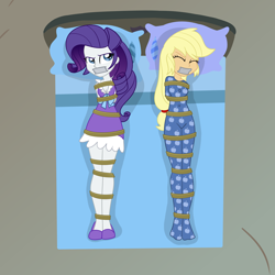 Size: 2000x2000 | Tagged: safe, artist:nie-martw-sie-o-mnie, applejack, rarity, human, equestria girls, g4, look before you sleep, bed, bedroom, bedroom bondage, bondage, bound and gagged, breasts, cleavage, clothes, duo, duo female, eyes closed, female, footed sleeper, footie pajamas, gag, guest bed, lying down, nightgown, on back, onesie, pajamas, pillow, rope, rope bondage, sleepover, slippers, slumber party, tape, tape gag, tied up, twilight's bedroom