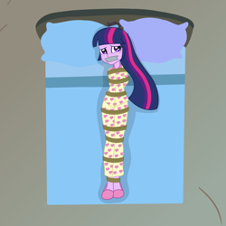 Size: 2000x2000 | Tagged: safe, artist:nie-martw-sie-o-mnie, twilight sparkle, human, equestria girls, g4, look before you sleep, bed, bedroom, bedroom bondage, bondage, bound and gagged, clothes, gag, guest bed, lying down, on back, pajamas, pillow, rope, rope bondage, slippers, solo, tape, tape gag, tied up, twilight's bedroom