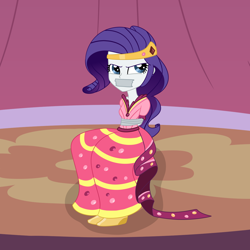 Size: 2000x2000 | Tagged: safe, artist:nie-martw-sie-o-mnie, part of a set, rarity, human, equestria girls, g4, suited for success, bondage, bound and gagged, clothes, dress, gag, gala dress, jewelry, long dress, long skirt, sitting, skirt, solo, stage, tape, tape bondage, tape gag, tiara
