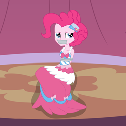 Size: 2000x2000 | Tagged: safe, artist:nie-martw-sie-o-mnie, part of a set, pinkie pie, human, equestria girls, g4, suited for success, bondage, bound and gagged, breasts, cleavage, clothes, dress, gag, gala dress, long dress, long skirt, sitting, skirt, solo, stage, tape, tape bondage, tape gag