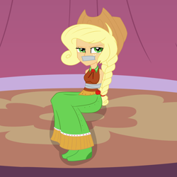 Size: 2000x2000 | Tagged: safe, artist:nie-martw-sie-o-mnie, part of a set, applejack, human, equestria girls, g4, suited for success, bondage, bound and gagged, clothes, cowboy hat, cowgirl, dress, freckles, gag, gala dress, hat, long dress, long skirt, sitting, skirt, solo, stage, stetson, tape, tape bondage, tape gag