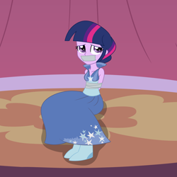 Size: 2000x2000 | Tagged: safe, artist:nie-martw-sie-o-mnie, part of a set, twilight sparkle, human, equestria girls, g4, suited for success, bondage, bound and gagged, clothes, dress, gag, gala dress, long dress, long skirt, sitting, skirt, solo, stage, tape, tape bondage, tape gag