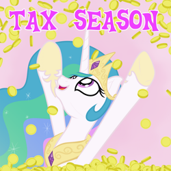 Size: 1919x1919 | Tagged: safe, artist:nitei, princess celestia, alicorn, pony, g4, bits, crown, happy, horse taxes, jewelry, looking up, peytral, regalia, solo, tax is theft, taxes, text, throwing