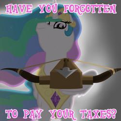 Size: 1919x1919 | Tagged: safe, artist:nitei, princess celestia, alicorn, pony, g4, backlighting, crossbow, crown, horse taxes, jewelry, looking at you, looking down, looking down at you, low angle, perspective, peytral, regalia, solo, taxes, text, threatening, weapon, wing hands, wings