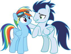 Size: 2115x1596 | Tagged: safe, artist:sollace, derpibooru exclusive, rainbow dash, soarin', pegasus, pony, g4, grannies gone wild, season 8, .svg available, bedroom eyes, clothes, eye contact, female, goggles, looking at each other, looking at someone, male, mare, raised hoof, shipping fuel, simple background, smiling, stallion, svg, transparent background, uniform, vector