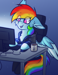 Size: 2000x2600 | Tagged: safe, artist:shad0w-galaxy, rainbow dash, pegasus, pony, g4, big ears, blushing, cheek fluff, chest fluff, clothes, coffee, coffee mug, colored wings, computer, cute, dashabetes, ear fluff, eye clipping through hair, eyebrows, eyebrows visible through hair, eyelashes, female, floppy ears, fluffy, high res, hoodie, mare, monitor, mug, one ear down, open mouth, open smile, patreon, patreon reward, smiling, socks, solo, teeth, two toned wings, wings