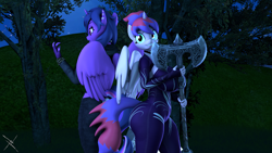 Size: 3840x2160 | Tagged: safe, artist:nightmarezoroark, moondancer, sunset shimmer, twilight sparkle, oc, oc only, oc:midnight sparkle, oc:shimmering sparkle, alicorn, anthro, 3d, axe, female, implied canon parent, implied lesbian, implied shipping, implied sunsetsparkle, implied twidancer, lesbian, ship:sunsetsparkle, ship:twidancer, shipping, siblings, sisters, source filmmaker, sword, weapon