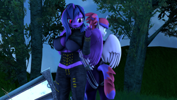 Size: 3840x2160 | Tagged: safe, artist:nightmarezoroark, oc, oc:midnight sparkle, oc:shimmering sparkle, anthro, 3d, axe, canon parents, female, implied lesbian, implied shipping, implied sunsetsparkle, implied twidancer, siblings, sisters, soul calibur, source filmmaker, sword, weapon