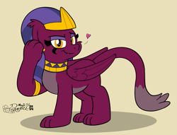 Size: 1405x1075 | Tagged: safe, artist:rupert, the sphinx, sphinx, series:12 months of sphinxy, g4, cute, egyptian, egyptian headdress, female, heart, lidded eyes, pale belly, simple background, sphinxdorable, wings
