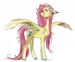 Size: 1529x1268 | Tagged: safe, artist:lutraviolet, fluttershy, pegasus, pony, g4, alternate design, blushing, colored hooves, colored wings, colored wingtips, female, flower, flower in hair, flower in tail, mare, messy mane, messy tail, open mouth, redesign, simple background, solo, spread wings, tail, unshorn fetlocks, white background, wings