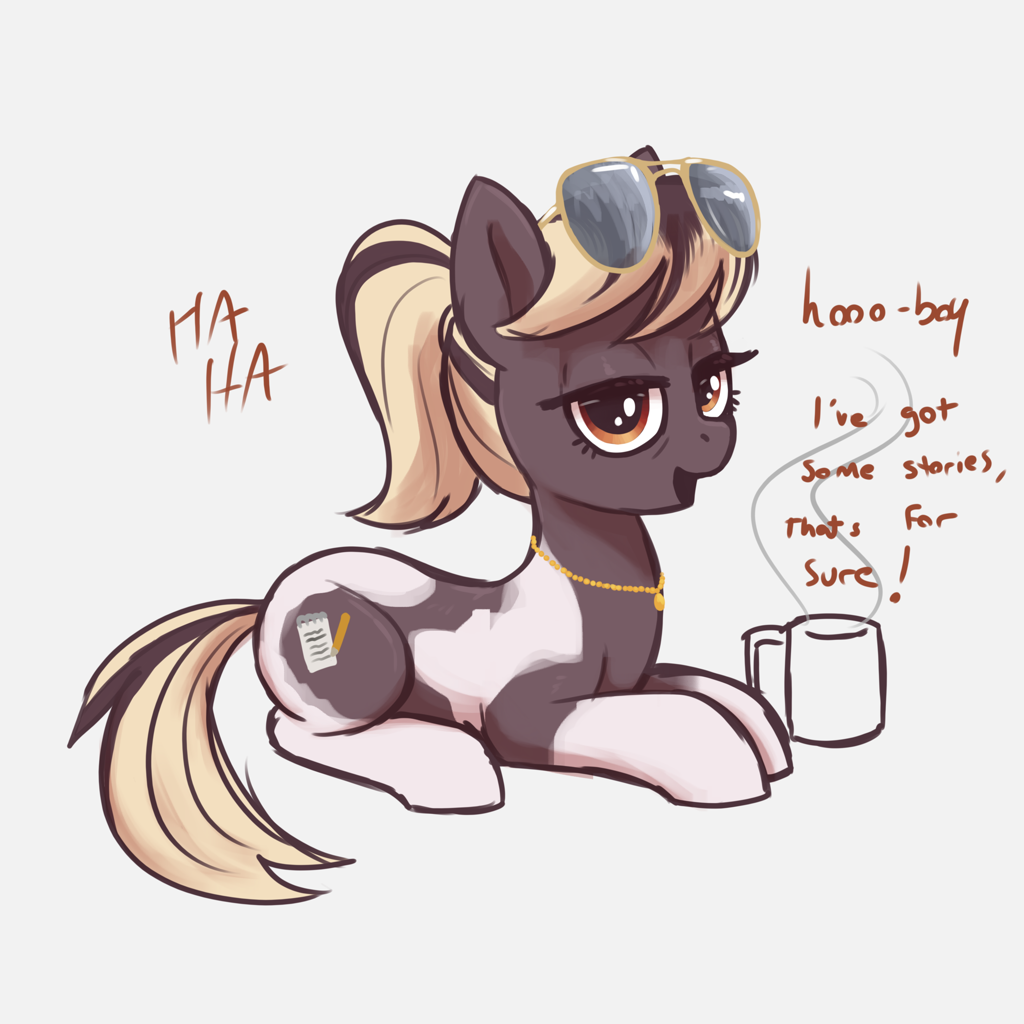 [coffee,coffee mug,earth pony,female,jewelry,looking at you,mare,mug,necklace,ponified,pony,prone,safe,sunglasses,talking to viewer,lying down,artist:t72b,ponified animal photo,sunglasses on head]