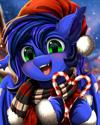 Size: 2550x3209 | Tagged: safe, artist:pridark, oc, oc only, oc:guard cobalt flash, bat pony, bat pony oc, blushing, candy, candy cane, christmas, clothes, commission, food, hat, holiday, santa hat, scarf, smiling, snow, solo, striped scarf, ych result