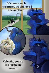 Size: 1920x2880 | Tagged: safe, artist:acry-artwork, princess luna, oc, oc:acry weaver, oc:queen opal, alicorn, changeling, changeling queen, pony, unicorn, g4, changeling queen oc