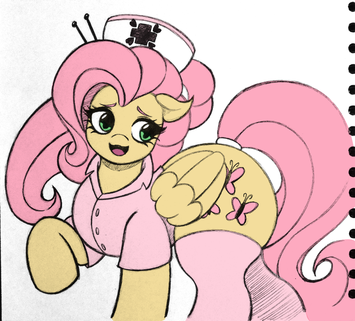 [alternate hairstyle,colored,cute,fluttershy,g4,pegasus,pony,safe,sexy,wide hips,wings,shyabetes,adorasexy,nurse outfit,smiling,large butt,alternate clothes,nurse fluttershy,artist:artmorheart]