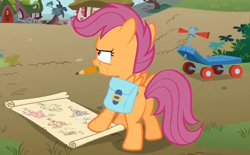 Size: 962x598 | Tagged: safe, screencap, scootaloo, pegasus, pony, g4, the show stoppers, butt, cropped, dirt, female, filly, foal, grass, mouth hold, pencil, plot, scootabutt, scooter