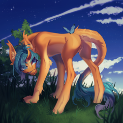Size: 4000x4000 | Tagged: safe, artist:meggychocolatka, oc, oc only, pony, butt, commission, commissions open, concave belly, featureless crotch, glasses, leonine tail, not hitch trailblazer, plot, slender, solo, standing, tail, thin