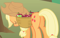 Size: 883x558 | Tagged: safe, edit, edited screencap, screencap, applejack, earth pony, pony, applebuck season, g4, my little pony: friendship is magic, apple, applebutt, butt, cropped, eyes closed, female, food, mare, plot, sleeping, solo