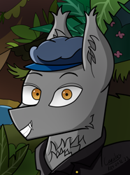 Size: 1248x1680 | Tagged: safe, artist:hno3, oc, bat pony, equestria at war mod, equestria rises still (equestria at war submod), bat pony oc, bust, clothes, fangs, forest, hat, jungle, male, nature, orange eyes, portrait, smiling, tree