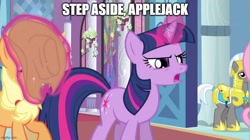 Size: 888x499 | Tagged: safe, edit, edited screencap, screencap, applejack, twilight sparkle, earth pony, pony, unicorn, a canterlot wedding, g4, angry, caption, image macro, imgflip, text