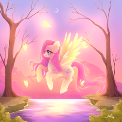 Size: 1000x1000 | Tagged: safe, artist:julieee3e, fluttershy, butterfly, pegasus, pony, g4, backlighting, blushing, crescent moon, female, flying, full body, magic, mare, moon, mountain, reflection, smiling, solo, spread wings, subsurface scattering, sunset, tree, water, wings